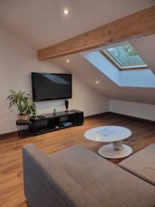 ein Wohnzimmer mit Sofa und Fernseher in der Unterkunft Meublé 3* neuf entre lacs, montagnes et bauges. in Mûres-les Balmettes