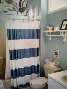 a bathroom with a shower curtain and a toilet at Lazy Shell Condo 325 in Cedar Key