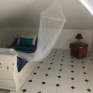 une chambre avec un lit avec moustiquaire dans l'établissement Appartement spacieux à Rivière-Salée de 180 m², à Rivière-Salée