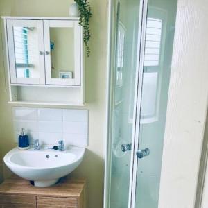 ein Badezimmer mit Waschbecken und Glasdusche in der Unterkunft Bramble Cottage in Saint Columb Minor