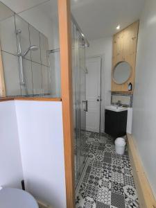 a bathroom with a glass shower and a toilet at Appartement Vue Mer in Crozon +10 photos
