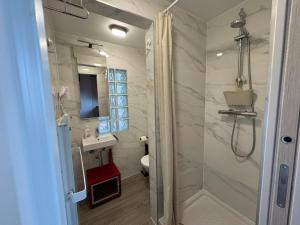 a bathroom with a shower and a toilet and a sink at WelKom Studios in Zaventem
