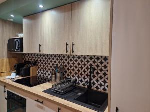 a kitchen with wooden cabinets and a counter top at PASTO GAUCHE Appartement Nice 6P in Nice