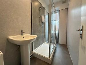 a bathroom with a sink and a shower at A delightful and cozy one bedroom flat in Glasgow