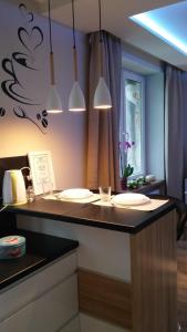 cocina con encimera con 2 lavabos y luces en A3XD Apartament en Częstochowa