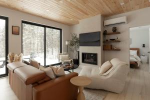 ein Wohnzimmer mit Couch und Kamin in der Unterkunft Forest Refuge - Fire - HotTub - Tremblant 15 min in La Conception