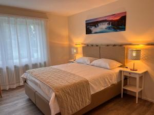 a bedroom with a large bed and a night stand with a lamp at Moderne & helle Wohnung mit Netflix & Bergsicht in Wetzikon