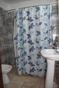 サンタ・ロサ・デ・カラムチタにあるSierras Del Molleのバスルーム(青と白のシャワーカーテン付)