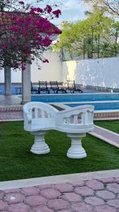 un banc blanc assis sur l'herbe dans un parc dans l'établissement Loft Alojamiento para 2 Piscina y Billar, à Chuburná de Hidalgo