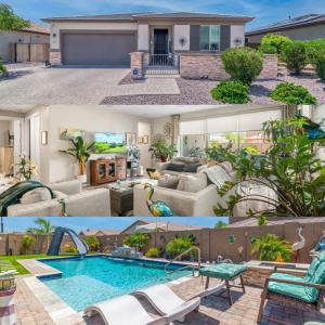 a collage of two pictures of a house at Goodyear Retreat Pool Slide Firepit BBQ in Perryville