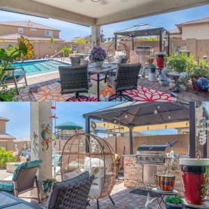 a patio with an umbrella and a grill and a pool at Goodyear Retreat Pool Slide Firepit BBQ in Perryville