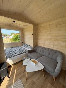 a room with a couch and a bed in a room at Celoročně obyvatelná maringotka Kratochvíle 