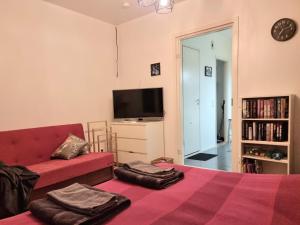a living room with a red couch and a tv at Pispalan Helmi - Koti Näköalalla in Tampere