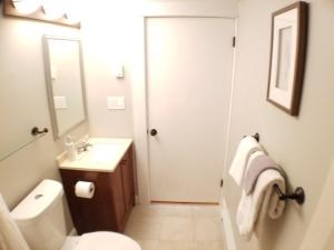a bathroom with a toilet and a sink and a mirror at Bright Front Facing Unit - Private Front Farmers Porch in Manchester
