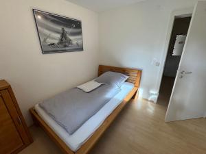 OberteuringenBusiness & Monteur Apartment - Modern Style & Comfort - Bodensee-Oberschwaben的卧室里的一张床，墙上挂着一幅画