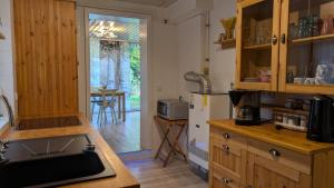 LanglingenにあるTaras Ferienwohnungの木製のキャビネットとカウンタートップを備えたキッチン