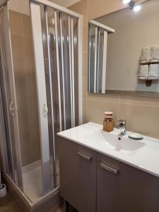 a bathroom with a sink and a shower at Amadour Hôtel in Rocamadour