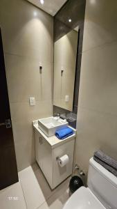 エンカルナシオンにあるRefugio Paranáの洗面台、鏡、トイレ付きのバスルーム +14枚の写真