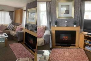2 fotos de una sala de estar con chimenea en 2Bed Caravan Sleeps 6- Beach Access Pets Parking, en Mablethorpe
