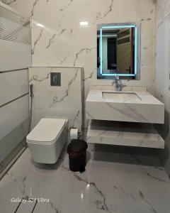 een badkamer met een toilet, een wastafel en een spiegel bij Jeeso hotel in Jerash