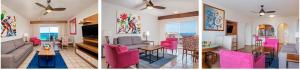 three different views of a living room with pink furniture at Villa Del Palmar in Cabo San Lucas