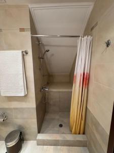 a bathroom with a shower with a shower curtain at Traditional Memories 2 in Tríkala +16 photos