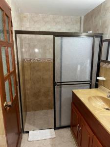 eine Dusche mit Glastür im Badezimmer in der Unterkunft Hotel ladymar cartagena in Cartagena de Indias