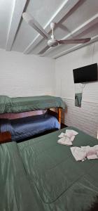 a room with a green bed with a ceiling fan at Hotel Francesco in Mina Clavero +11 photos