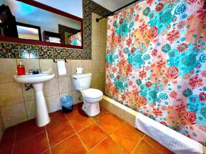 a bathroom with a sink and a toilet and a shower curtain at Hotel Posada Casa Santorini in Antigua Guatemala +64 photos