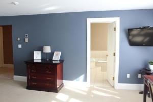 een badkamer met blauwe muren, een ladekast en een televisie bij Westover Inn in Saint Marys