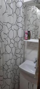 a bathroom with a shower curtain and a sink at Studio apartman City Centre Rogatica in Rogatica
