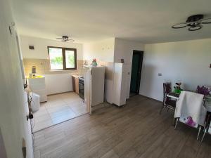 Una habitación con cocina con nevera y mesa. en Holiday home with vineyard and city view, 