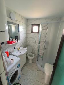 Un baño con lavabo, inodoro y ducha. en Holiday home with vineyard and city view, 