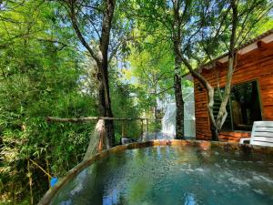 a hot tub in front of a cabin in the woods at Domos Conguillío - Glamping Domo in Melipeuco