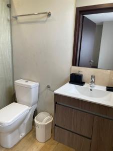 OtinshiにあるKnightsbridge Apartment K10のトイレ、洗面台、鏡のあるバスルーム