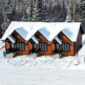 ein Blockhaus im Schnee mit schneebedeckten Dächern in der Unterkunft Les lofts nord-valins in Saint-David-de-Falardeau