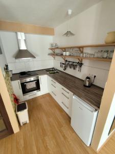 a kitchen with white appliances and a wooden floor at Apartmán u Zámku Jindřichův Hradec pro 2-4 osoby in Jindrichuv Hradec