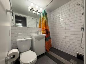 a bathroom with a white toilet and a sink at McGill Les petits studios in Montréal +21 photos