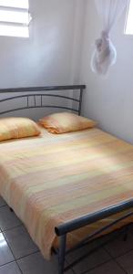 a bedroom with a bed with a striped blanket on it at Maison exurville in Le Robert