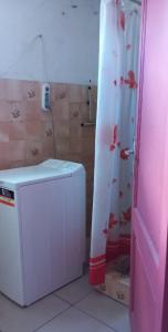 a bathroom with a washing machine and a shower curtain at Maison exurville in Le Robert