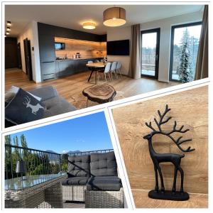 a collage of two pictures of a living room at BlackDEER Apartment Liptov in Liptovský Mikuláš