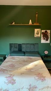 a bedroom with a bed with a green wall at House with Jacuzzi near São Paulo in Piracaia