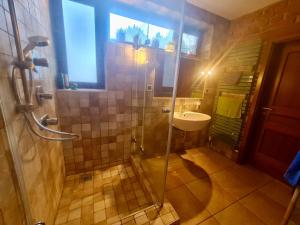 a bathroom with a glass shower and a sink at Calderus house Dobogókő in Pilisszentkereszt +38 photos