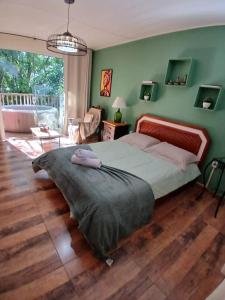 a bedroom with a large bed and green walls at Canto da Cachoeira relaxe ao som das águas in Tijucas