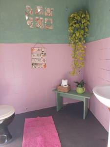 a bathroom with a sink and a toilet and a table at Canto da Cachoeira relaxe ao som das águas in Tijucas