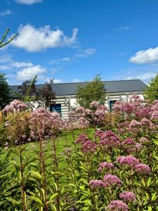 a garden with pink flowers in front of a building at Villa Botanica in Odargowo