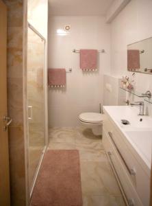 ein Badezimmer mit Dusche, Toilette und Waschbecken in der Unterkunft Meerblick Apartment mit großer Sonnenterrasse für 6 Personen in Sumartin