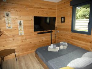 a bedroom with a bed and a flat screen tv at Chalet moderne, Jacuzzi & Cinéma in Saint-Coulitz
