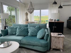 a living room with a blue couch with pillows at Villa Botanica in Odargowo +139 photos