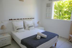 een witte slaapkamer met een bed en een raam bij La Petite Villa Guadeloupe in Sainte-Anne +85 foto's